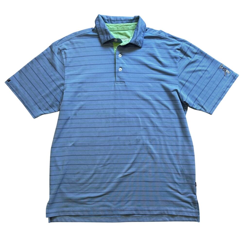 Straight Down Performance Men’s Golf Polo Blue Green Stripe Size Large Wicking